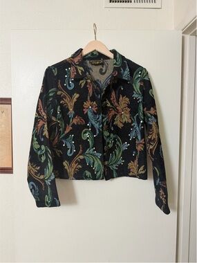 Black Floral Jacquard Cropped Blazer with Embellishment